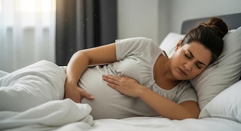 Vista de cerca de una mujer embarazada acostada de lado en la cama, vestida con una camiseta gris, con una mano en su vientre y el rostro contraído por el dolor.