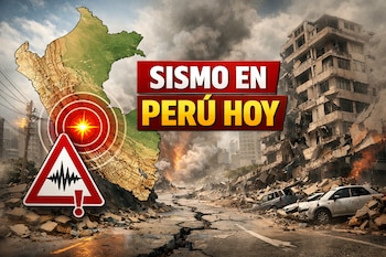 Ilustración de un fuerte sismo en Perú: muestra un mapa del país con alerta y una ciudad con edificios derrumbados, calles agrietadas y vehículos destruidos.