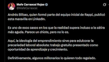 María Fernanda Carrascal sostuvo que el mensaje de Andrés Bilbao edulcora la precariedad laboral al presentar trabajo gratuito como oportunidad de aprendizaje - crédito @MafeCarrascal / X