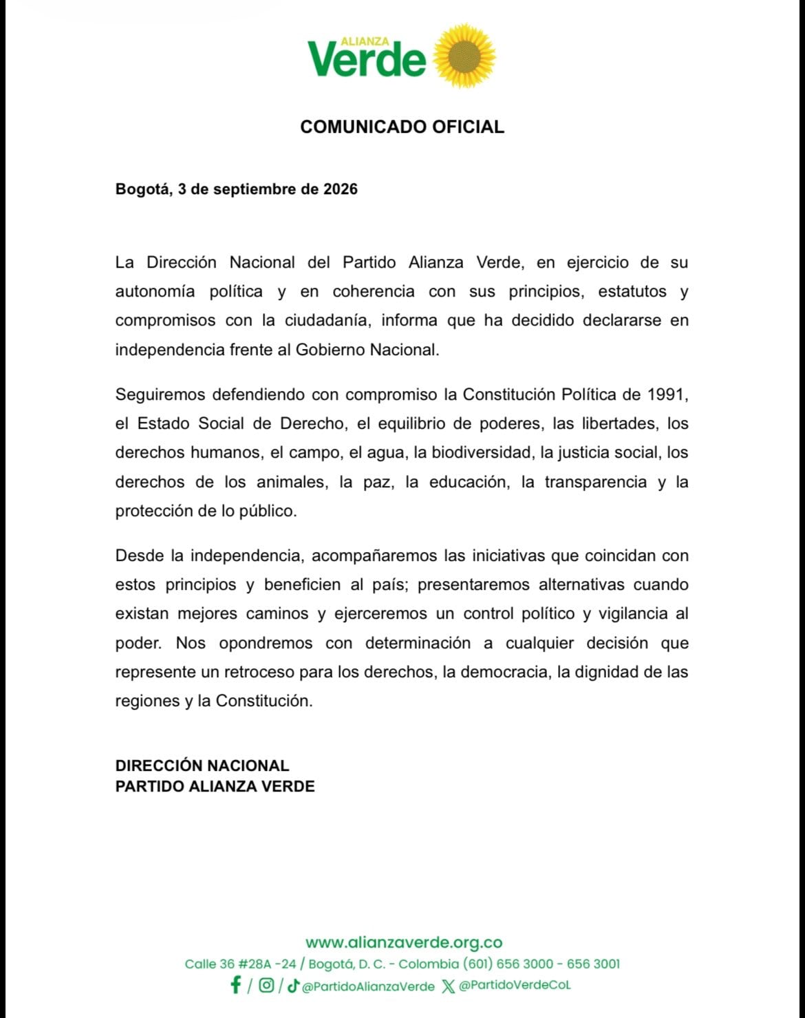 La colectividad afirmó que mantendrá su respaldo a un marco de referencias institucionales y programáticas - crédito Alianza Verde