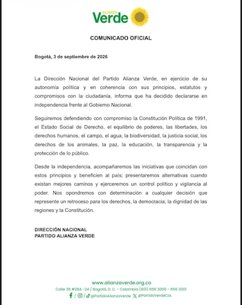 La colectividad afirmó que mantendrá su respaldo a un marco de referencias institucionales y programáticas - crédito Alianza Verde