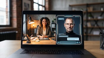 Primer plano de una laptop mostrando una videollamada entre una empresaria sonriente y un mentor IA estilo Steve Jobs. Un escritorio moderno con lámpara y papelería visible.