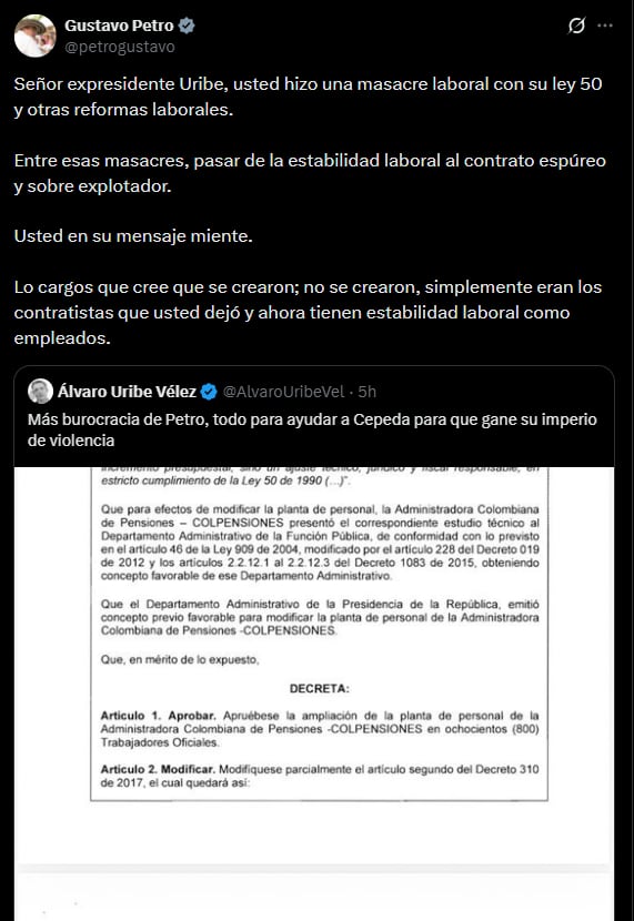 El primer mandatario aseguró que los cargos no se crearon, simplemente eran los contratistas que dejó el líder político durante su periodo presidencial y ahora tienen estabilidad laboral como empleados - crédito @petrogustavo/X
