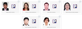 Una cuadrícula con seis recuadros. Cada uno contiene una foto tipo pasaporte de un candidato electoral y el logo de un partido político 'P'