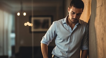 Hombre argentino joven con camisa azul claro apoyado en una pared, con la cabeza baja y expresión de fatiga, en un ambiente interior con luces cálidas.