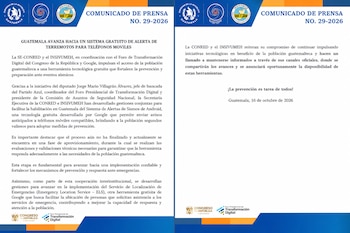 Documento oficial en dos páginas con sellos institucionales de Guatemala y texto sobre un sistema de alerta de terremotos para teléfonos móviles.