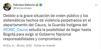 El senador Feliciano Valencia afirma que la Guardia Indígena del Cauca podría llegar hasta Bogotá