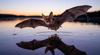 Un murciélago con las alas abiertas vuela sobre la superficie de un lago al atardecer, con su reflejo visible en el agua.