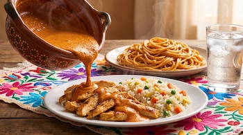 Plato con pollo y arroz con verduras bajo una cazuela que vierte salsa anaranjada, junto a un plato de pasta y un vaso con agua y hielo.