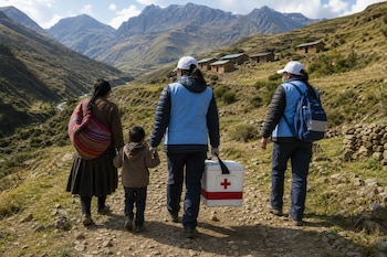 Cuatro personas caminan de espaldas por un camino de tierra en las montañas mientras una de ellas lleva una caja térmica con una cruz roja.