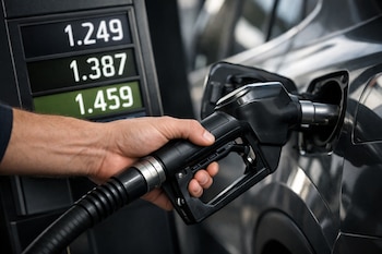 Una mano sujeta una manguera de surtidor con boquilla insertada en un auto gris. Pantalla digital del surtidor muestra tres precios numéricos.