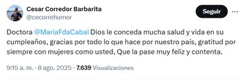 Este fue el mensaje de cumpleaños que dejó el humorista a la candidata presidencial - crédito @cecorrehumor / X