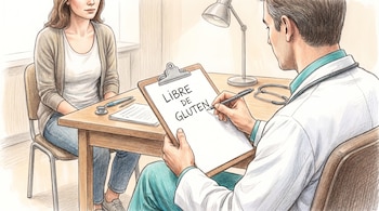 Ilustración de un médico escribiendo "LIBRE DE GLUTEN" en una planilla, visto de espaldas, con un paciente sentado frente a él en una consulta médica.