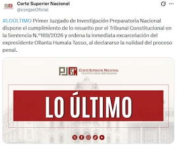 Captura de pantalla de un tuit de la Corte Superior Nacional con texto sobre la excarcelación de Ollanta Humala y un gráfico de 'LO ÚLTIMO'