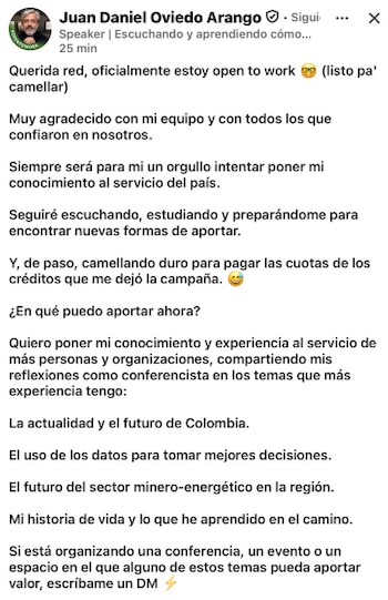 Juan Daniel Oviedo también busca trabajo a través de LinkedIn