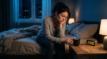 Una mujer sentada en una cama sostiene una taza de café en la penumbra frente a un reloj digital que marca las 23:00.