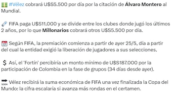Así será la distribución económica de lo que le da la FIFA por la convocatoria de Álvaro Montero - crédito @sabadovelezok/X