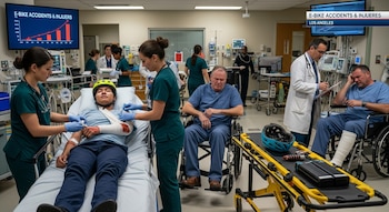 Sala de emergencias con personal médico tratando a un joven en camilla con casco y a dos hombres en sillas de ruedas. Una pantalla muestra estadísticas de accidentes de e-bikes.