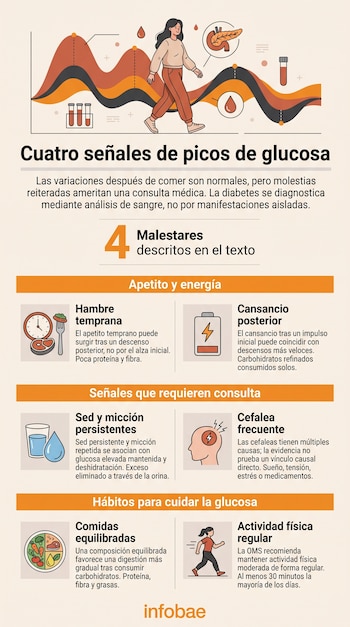 Infografía con una ilustración superior de una mujer caminando sobre curvas onduladas, seguida de seis recuadros con texto e íconos explicativos.