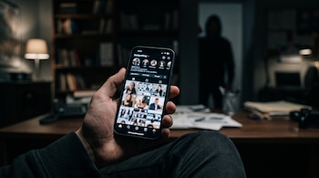 Una mano sostiene un teléfono inteligente en una habitación oscura con estanterías de libros y la silueta de una persona al fondo.