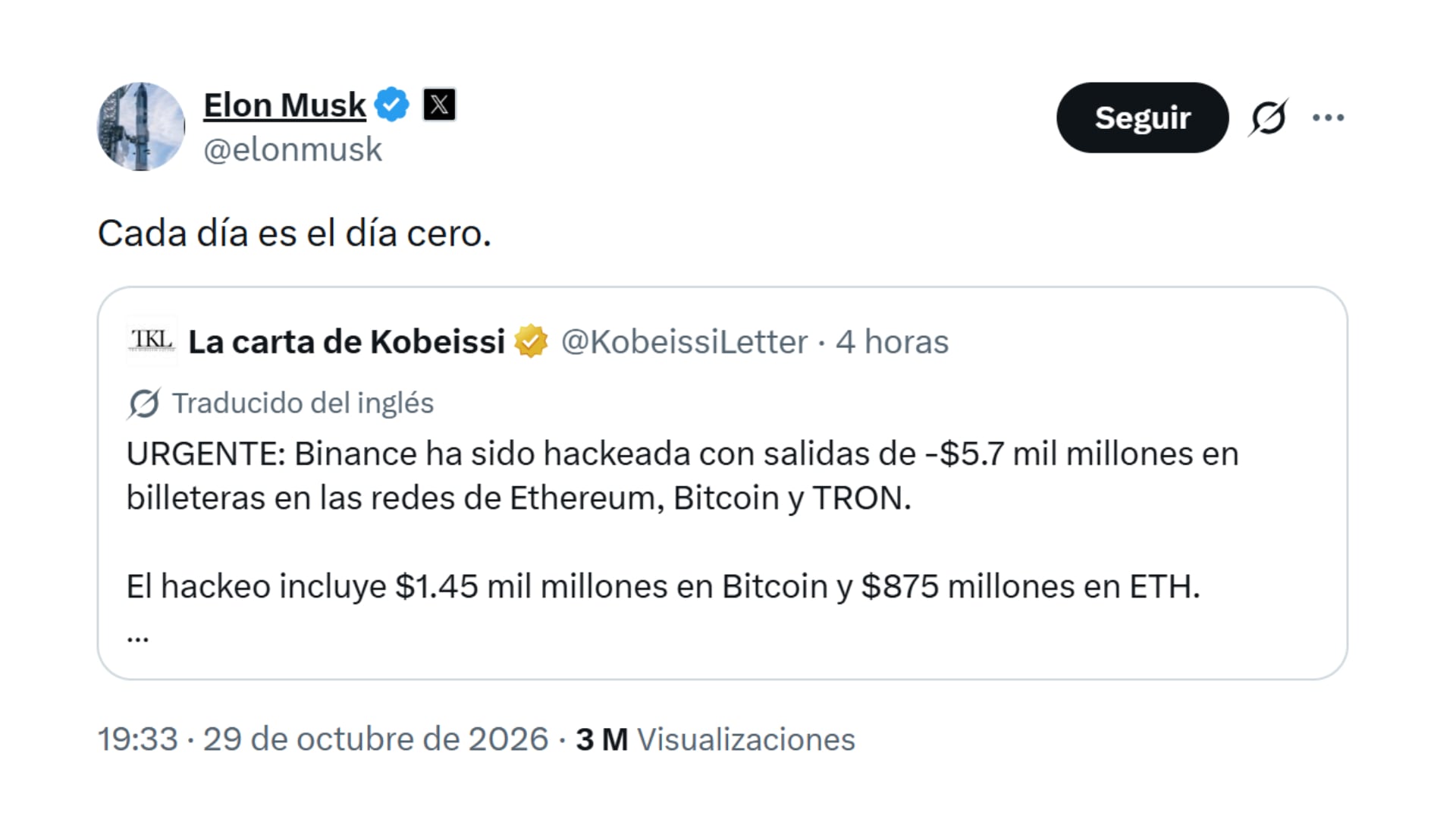 La reacción de Elon Musk al presunto hackeo que sufrió Binance vía X (@elonmusk)
