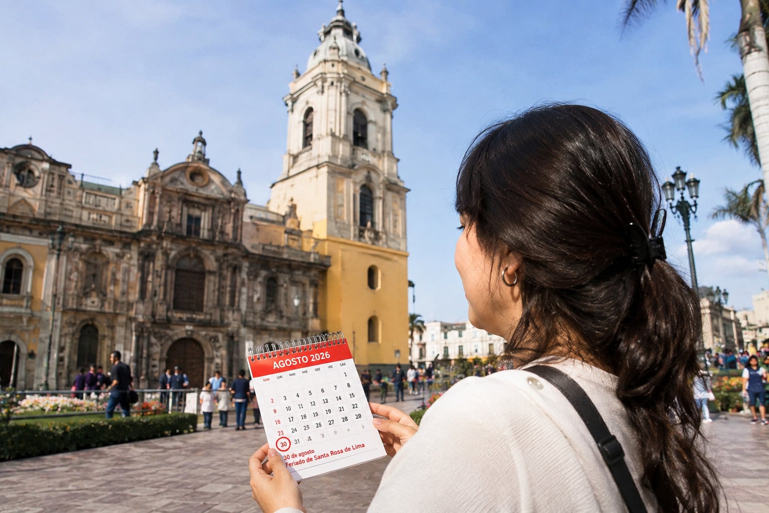 Una visitante sostiene un calendario frente a la Catedral de Lima para señalar la fecha del feriado por el día de Santa Rosa de Lima en Perú. (Imagen Ilustrativa Infobae)