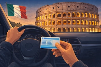 Ilustración de manos al volante de un coche sosteniendo una tarjeta blanca y azul. Al fondo se observa el Coliseo romano y una bandera de Italia.
