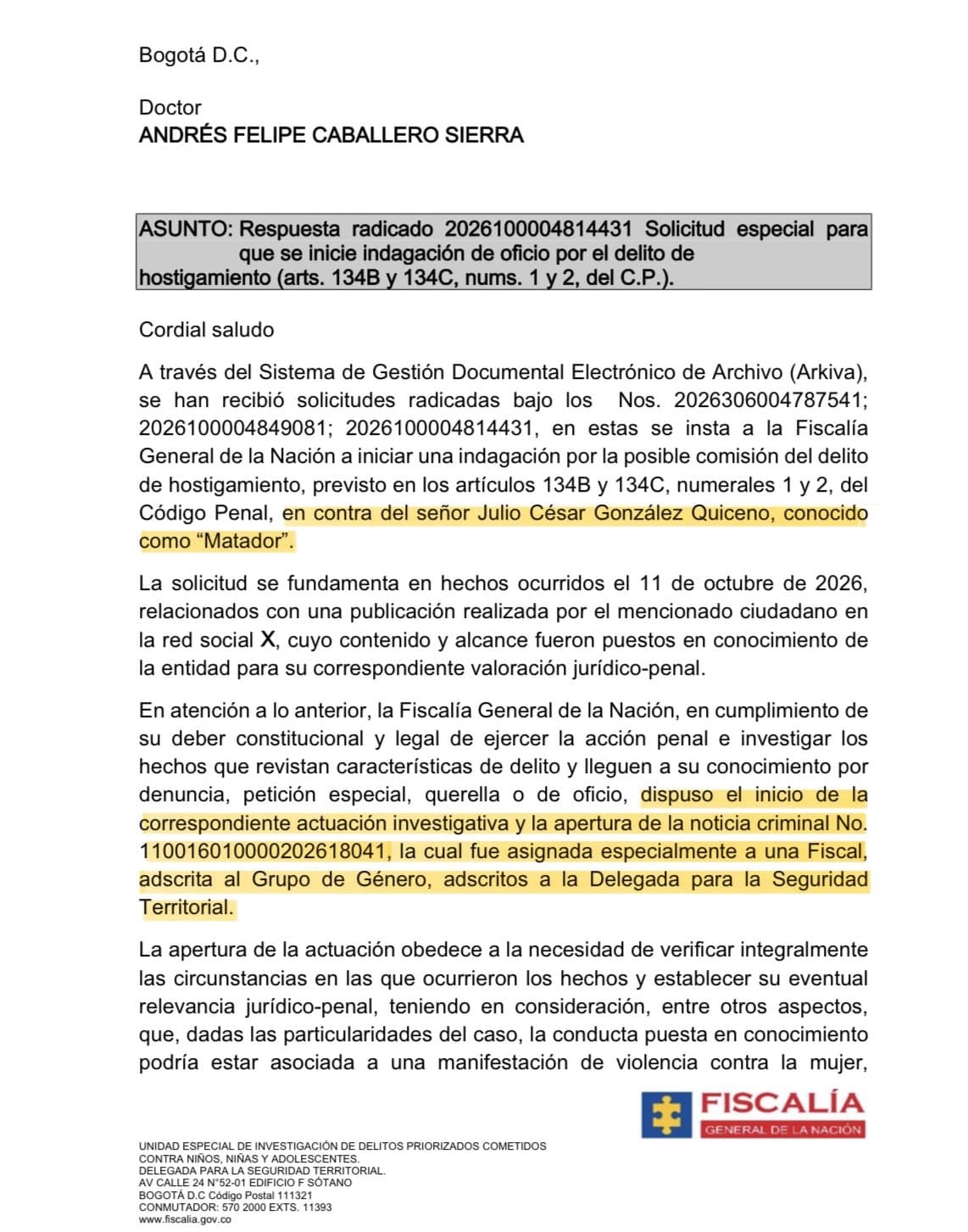 Una fiscal del Grupo de Género asumió la noticia criminal para evaluar si las declaraciones configuran el delito de hostigamiento - crédito Fiscalía