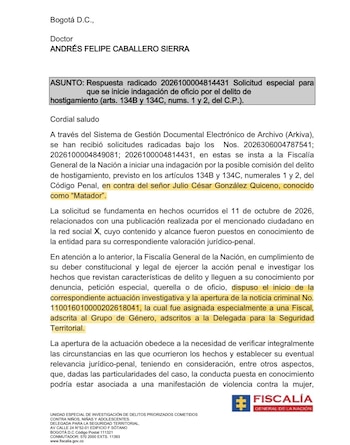 La Fiscalía General de la Nación abrió una indagación por presunto hostigamiento contra el caricaturista Julio César González Quiceno, conocido como “Matador”, a raíz de una publicación en X contra la primera dama, Ana Lucía Pineda - crédito Fiscalía