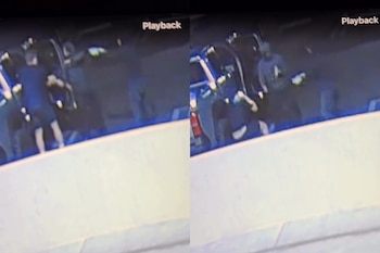 Dos capturas de pantalla de una cámara de seguridad nocturna muestran a personas junto a la puerta abierta de un vehículo