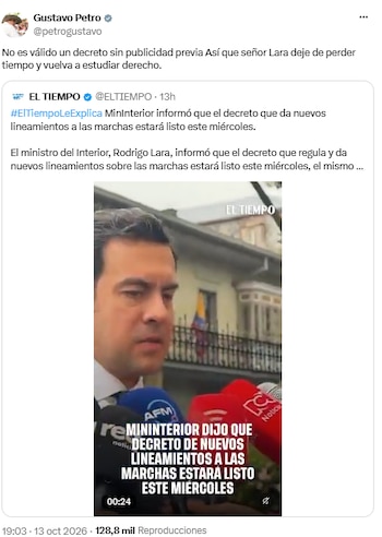 Gustavo Petro cuestionó la vigencia del decreto sobre protestas el día de las movilizaciones - crédito @petrogustavo/X