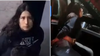 Díptico muestra mujer joven con cabello oscuro y sudadera negra, junto a otra imagen de una mujer con esposas en un vehículo