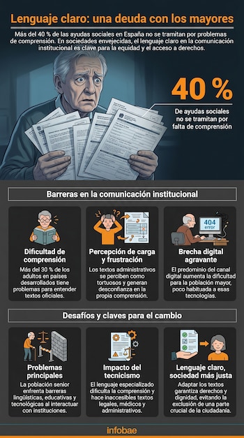 Infografía sobre lenguaje claro con un hombre mayor confundido por papeles, iconos de dificultad de lectura, frustración, brecha digital y soluciones.
