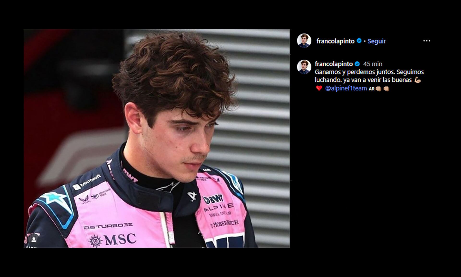 El posteo de Colapinto en apoyó a su equipo (@francolapinto)