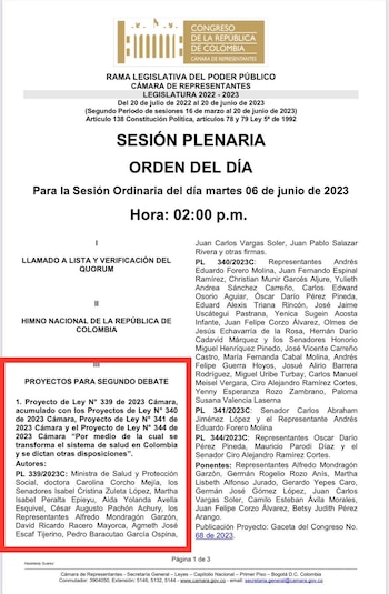 Orden del día en la Cámara de Representantes para el 6 de junio del 2023. Daniel Briceño.