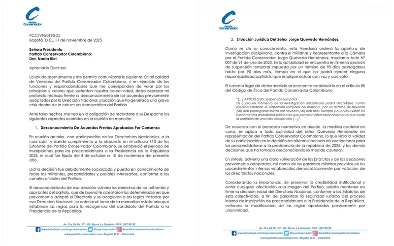 La veedora del partido Conservador le envió carta a Nadia Blel sobre el cambio de lo dispuesto para la elección del candidato presidencial de la colectividad - crédito suministrado a Infobae Colombia