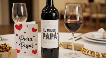 Botella de vino con etiqueta "El Mejor Papá", copa de vino tinto, tarjeta "Para Papá" con corazones, caja de regalo y cinta dorada sobre una mesa.