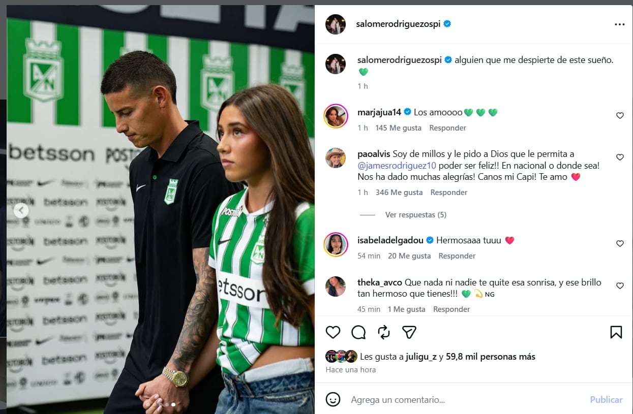 Post de Salomé Rodríguez en el día de la presentación de James Rodríguez como nuevo jugador de Atlético Nacional - crédito Instagram
