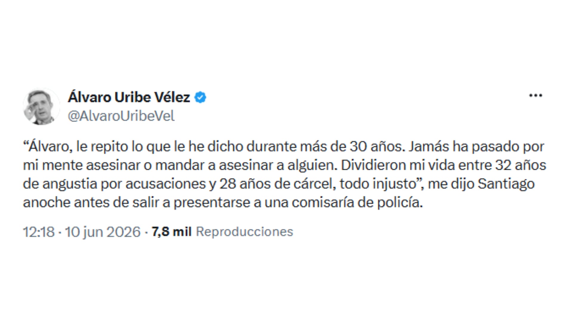 Álvaro Uribe reveló lo que le dijo su hermano tras la condena a 28 años de cárcel: “Jamás ha pasado por mi mente asesinar o mandar a asesinar a alguien” - crédito @AlvaroUribeVel/X