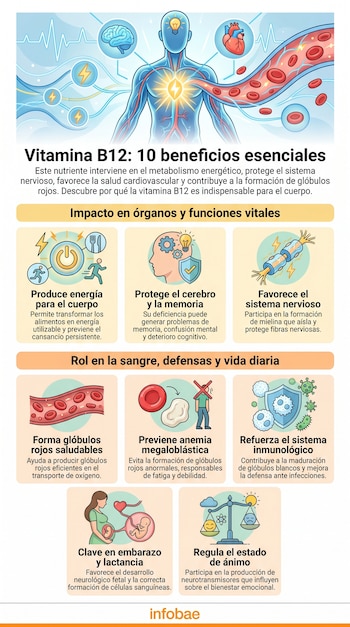 Infografía detallada de los 10 beneficios de la Vitamina B12 para el cuerpo humano, mostrando un esquema corporal con órganos clave y paneles explicativos con iconos.