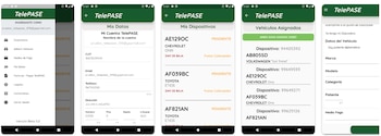 Cinco capturas de pantalla de una aplicación móvil TelePASE con menús, datos de usuario, lista de vehículos y dispositivos, y un formulario de adhesión