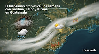 Mapa de Guatemala con texto informativo, símbolos de nubes, sol, lluvia, ondas de calor y neblina. Incluye el logotipo de Insivumeh.