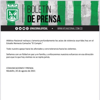 Atlético Nacional condenó violencia en