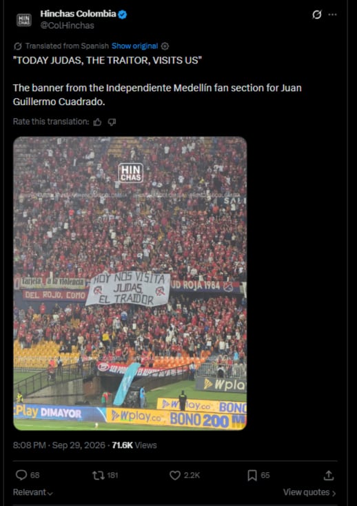 Otra de las tomas del mensaje que recibió Juan Guillermo Cuadrado por parte de los hinchas del Independiente Medellín-crédito @ColHinchas/X