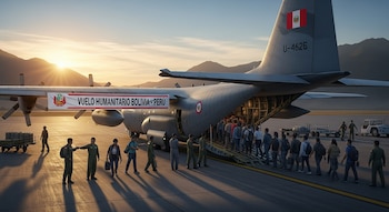 Un avión de carga militar gris con bandera peruana y un cartel de "Vuelo Humanitario Bolivia - Perú" carga pasajeros al atardecer en una pista de aeropuerto.