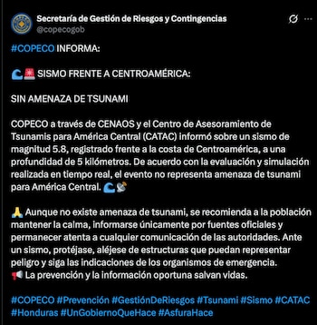 Las autoridades descartaron una amenaza de tsunami para Centroamérica. (FOTO: COPECO Honduras)