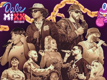 Póster de evento musical Dale Mixx con dieciséis artistas en el escenario, logotipo Dos Equis, cadenas doradas y texto con fecha y lugar del concierto