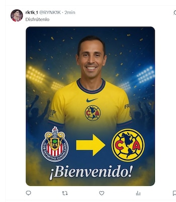 Gráfico de Oribe Peralta sonriendo con la camiseta del Club América. Incluye escudos de Chivas, una flecha y América, con el texto "¡Bienvenido!"