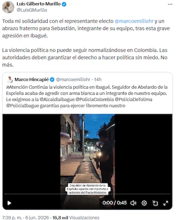 Luis Gilberto Murillo respaldó a Marco Hincapié y rechazó normalización de la violencia política - crédito @LuisGMurillo/X