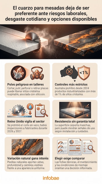 Infografía con seis tarjetas sobre corte de cuarzo, protección respiratoria, normativas internacionales y muestras de piedra natural.